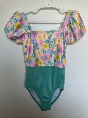 Kids Wondernation Floral Puff Sleeve One-Piece Swimsuit